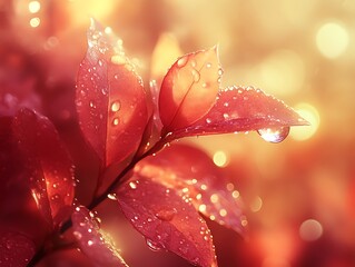Fototapeta premium Red Leaves Glistening With Dew Drops In Sunlight