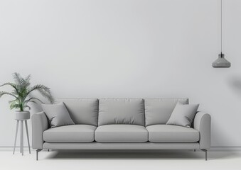 Minimalist living room with a gray sofa. plant. and pendant light against a white wall