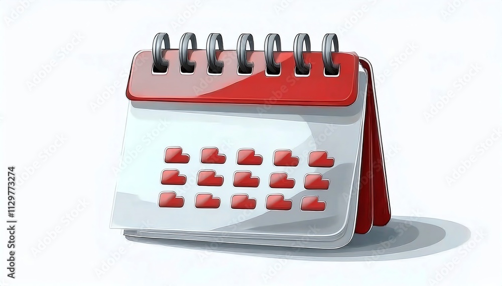 Poster a red spiral-bound calendar displaying dates and icons, symbolizing organization, scheduling, and pl