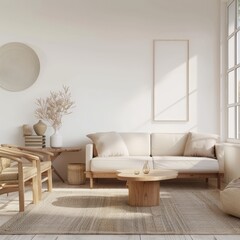 Minimalist living room with beige sofa. wooden coffee table and rug. and a framed poster on the wall