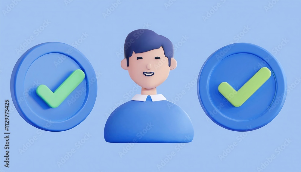 Poster a cheerful 3d character with blue elements and checkmarks symbolizes approval and positivity against