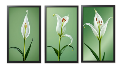 set of three vertical poster ,Minimalist white lily flower with green background. 300dpi