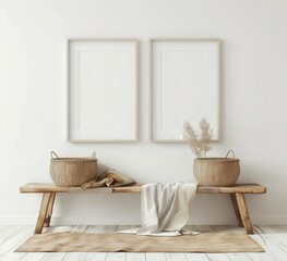 Two empty picture frames on a white wall above a wooden bench with two wicker baskets. a rug and a blanket