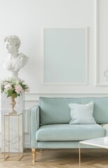 Elegant living room interior with a light blue sofa. a marble table and a white bust on a gold stand
