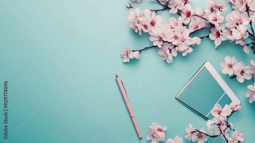 Poster flat lay view of workspace with tablet and pen surrounded by blooms