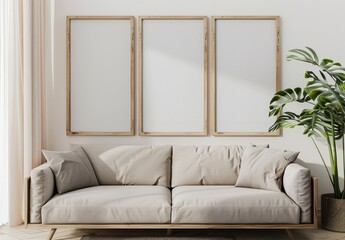 Modern living room interior with beige sofa. three empty wooden frames on white wall. and a plant