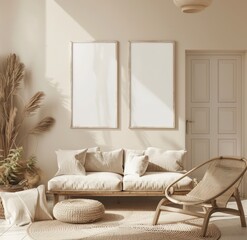 Minimalist living room interior with two empty frames. a couch. a round rattan pouf. a wicker chair and natural sunlight