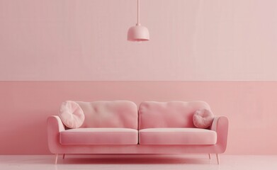 A pink sofa with a single light fixture in a pink room