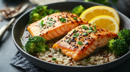 Delicious poached salmon fillet with citrus broth, wild rice, and broccoli healthy and elegant meal