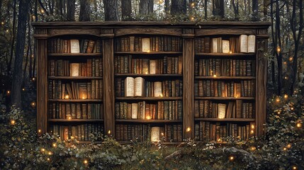 Enchanting bookcase in a mystical forest.