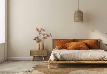 Minimalist bedroom interior design with a wooden bed. a bedside table. a rug. and a hanging light