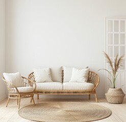 Minimalist living room with a rattan sofa. armchair. and a jute rug