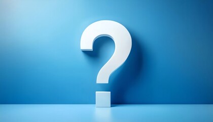 A large white question mark against a solid blue background, symbolizing inquiry, curiosity, or the quest for knowledge.