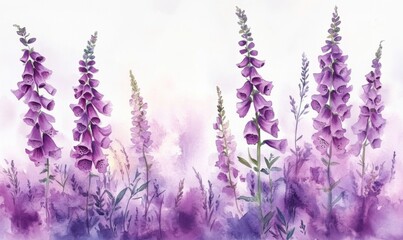 Obraz premium Serene watercolor foxgloves in purple hues delicate and elegant floral arrangement