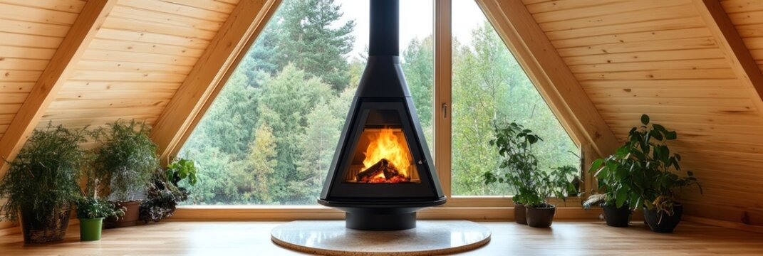 Modern Fireplace in a Wooden A Frame Cabin with Plants