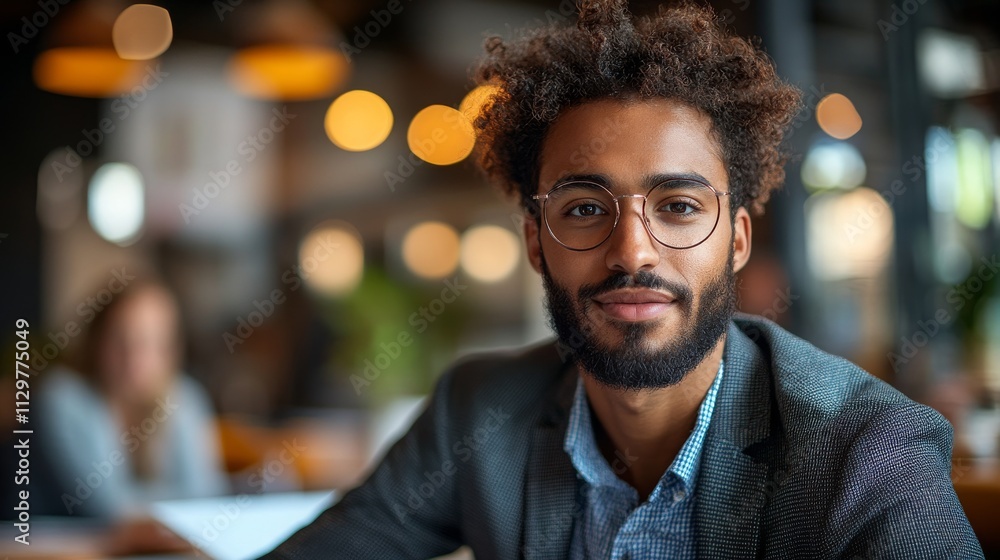 Poster automating employee performance reviews in a modern office setting during the workday