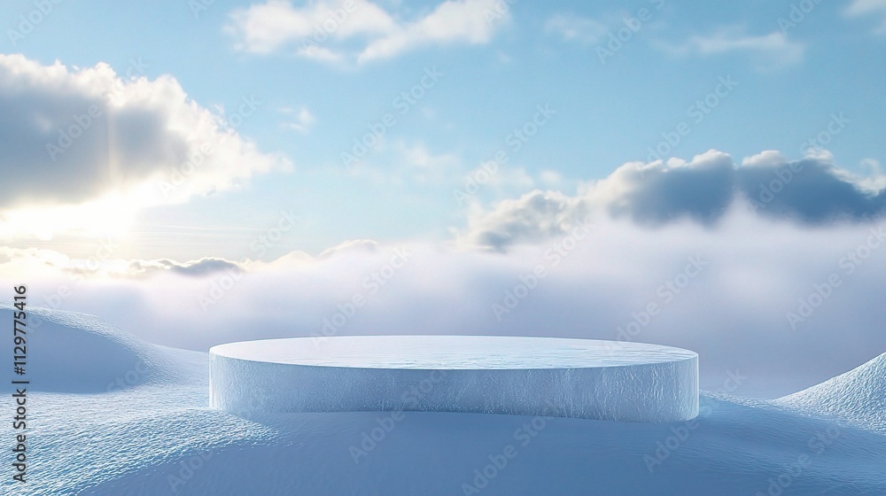 Poster Abstract 3D Render of Ice Podium in Winter Scene with Clouds