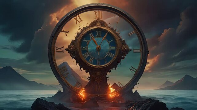 Giant broken clock is melting on a rocky coast at sunset, with mountains in the background, symbolizing the inexorable passage of time and the ephemeral nature of existence