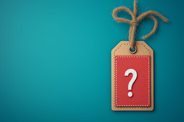 Illustration of red label with white question mark inside. Concept of unknown price