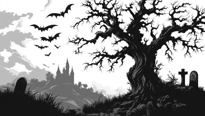 Spooky Halloween Landscape with Bats and a Haunted Castle