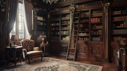 A traditional library with dark wooden shelves, a rolling ladder