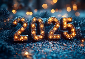 Glowing Number with Illuminated Lights - Happy New Year 2025
