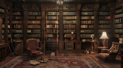 A traditional library with dark wooden shelves, a rolling ladder