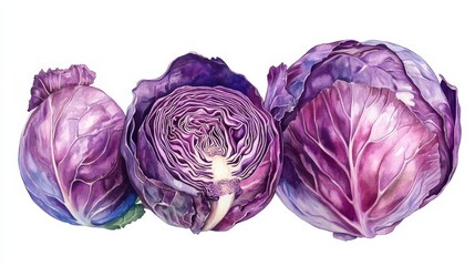 Obraz premium Intricate watercolor red cabbage, rich purple hues vibrant detail