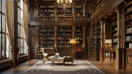 A traditional library with floor-to-ceiling wooden bookshelves, an elegant chaise lounge
