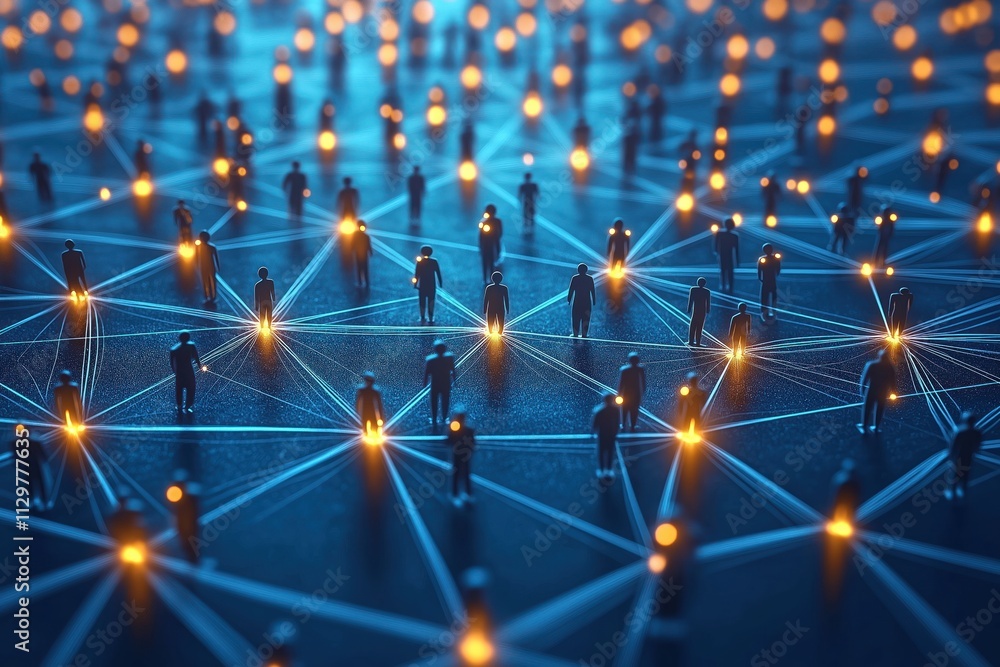 Poster global network of interconnected people glows with linked light. modern tech communication concept. 