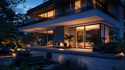 Obraz premium An elegant villa at night with bright interior lighting visible through expansive windows. The patio features a modern fireplace and cozy outdoor seating, surrounded by lush foliage. Ultra-detailed