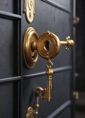 Obraz premium Detailed view of golden key entering locked compartment, golden key, opening