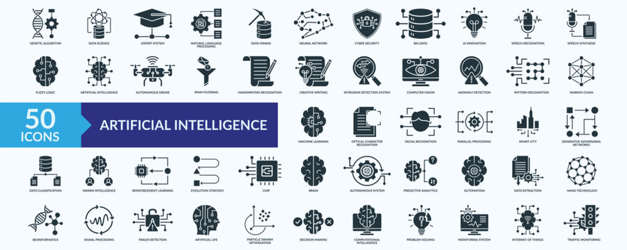 Artificial intelligence icon collection set with genetic algorithm, expert system, natural language processing, neural network, machine learning
