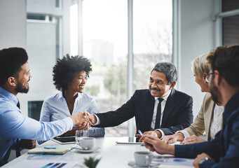 Business people, handshake and agreement of attorney group with partnership for case settlement....