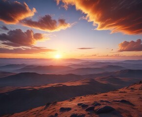 Naklejka premium Dramatic sunrise over a vast expanse of blue and orange hue sky, deep blues and oranges, colorful sky, sun rise