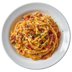 Creamy Pasta Carbonara with Pancetta and Parmesan, Isolated on White Background Cutout