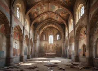 Obraz premium Faded frescoes adorn the walls of a neglected church situated on the shores of a dried-up reservoir, misty morning, rustic atmosphere, freshly painted foliage