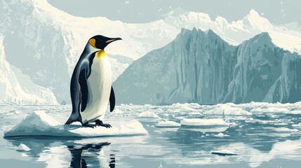 Fototapeta premium A Serene king penguin on ice floe, antarctic landscape