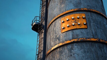 Rusty industrial silo against a blue sky, featuring a metal ladder and a weathered sign with bolts.