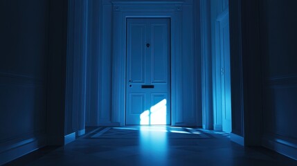 Obraz premium Elegant hallway with a closed door and blue light