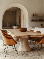 Modern Minimalist Dining Room with Wooden Table and Leather Chairs, Featuring Neutral Tones and Elegant Decor in a Sunlit Space with Arched Shelves and Stylish Tableware.