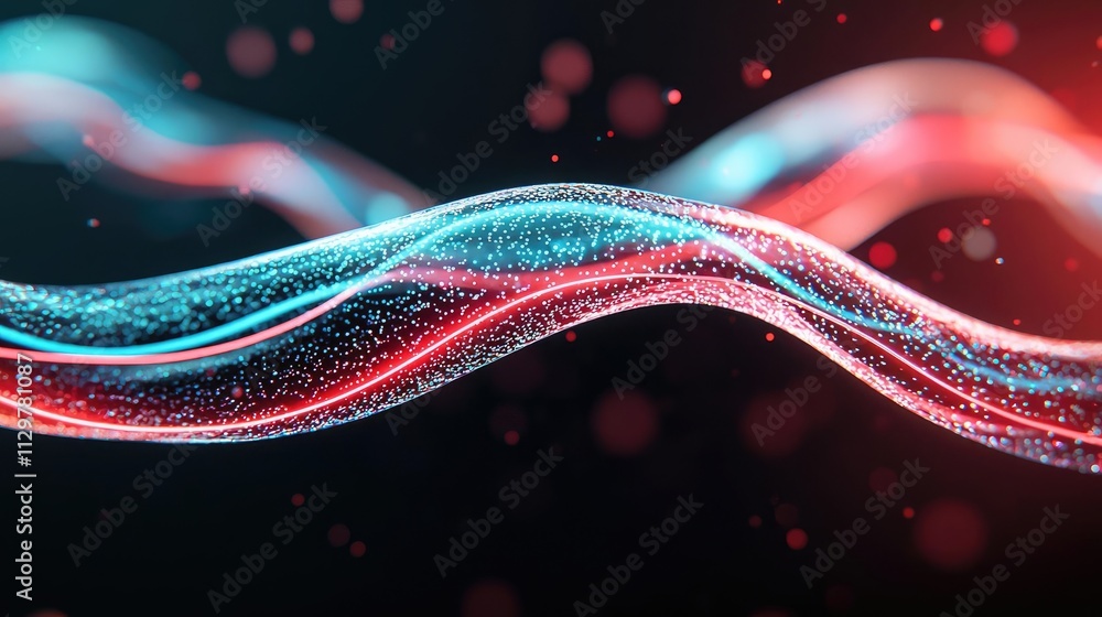 Poster abstract wave pattern with glowing particles in red and blue tones on a dark background.