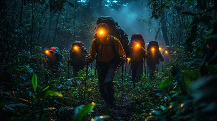 A group of determined hikers navigates a verdant rainforest path, illuminated by headlamps against the backdrop of twilight. Their adventurous spirits light up the dense foliage as morning approaches