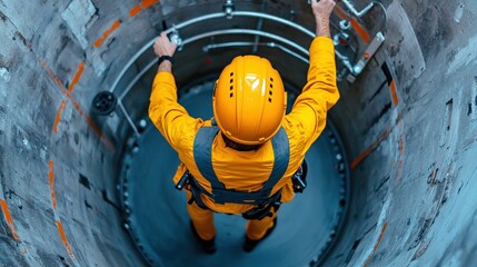 A worker in an orange jumpsuit and helmet descends into a vertical structure, showcasing safety measures in a confined space.