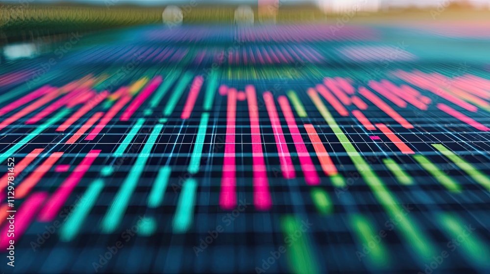 Poster vibrant data visualization with neon lines representing digital metrics and trends.
