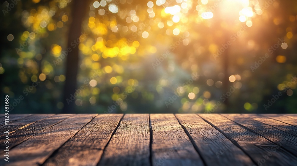 Poster light abstract background with empty wooden table top and bokeh