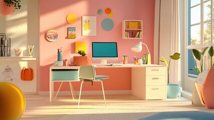 Creative Workspace with Clean Desk and Colorful Decor Elements
