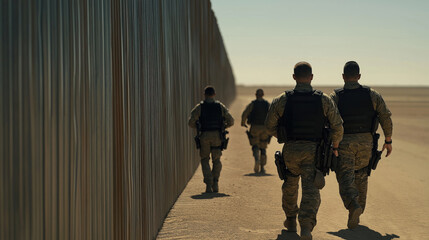 Border patrol officers patrol along corrugated metal wall. Security personnel walk along desert path. Wearing camouflage uniforms, body armor. Scene likely at border region. Photo of security