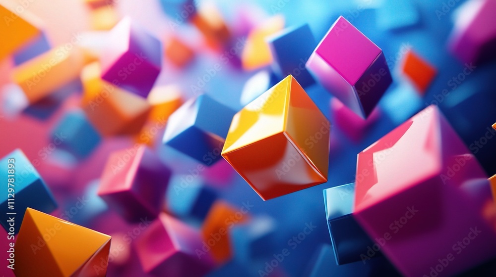 Poster colorful floating geometric shapes in dynamic 3d render design
