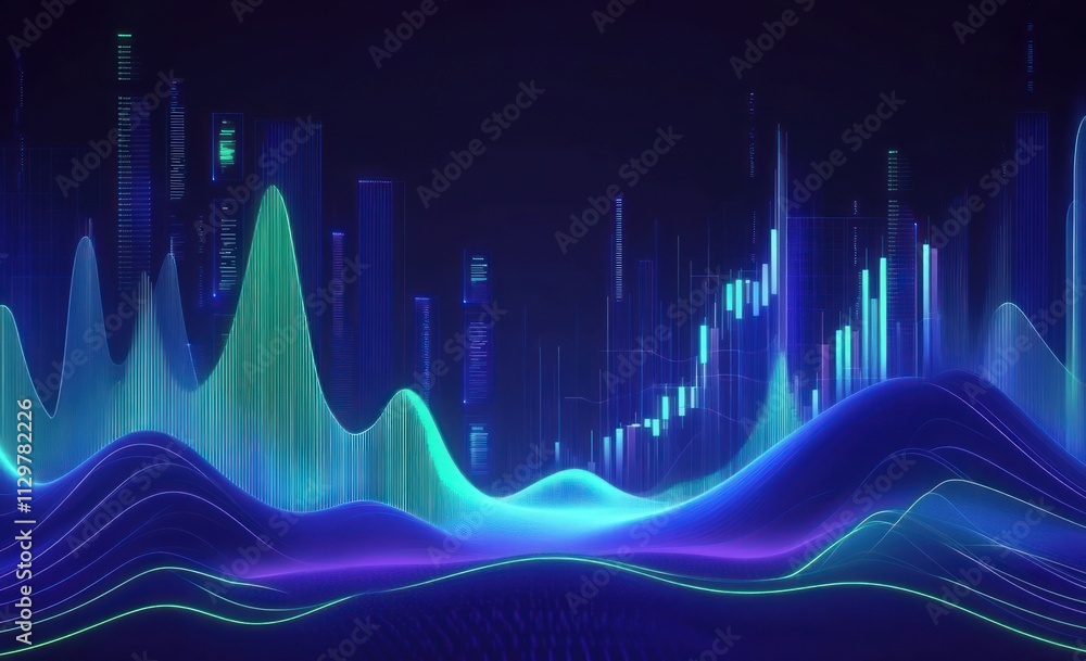 Poster abstract glowing cityscape with dynamic data visualization, showcasing vibrant waves and fluctuating